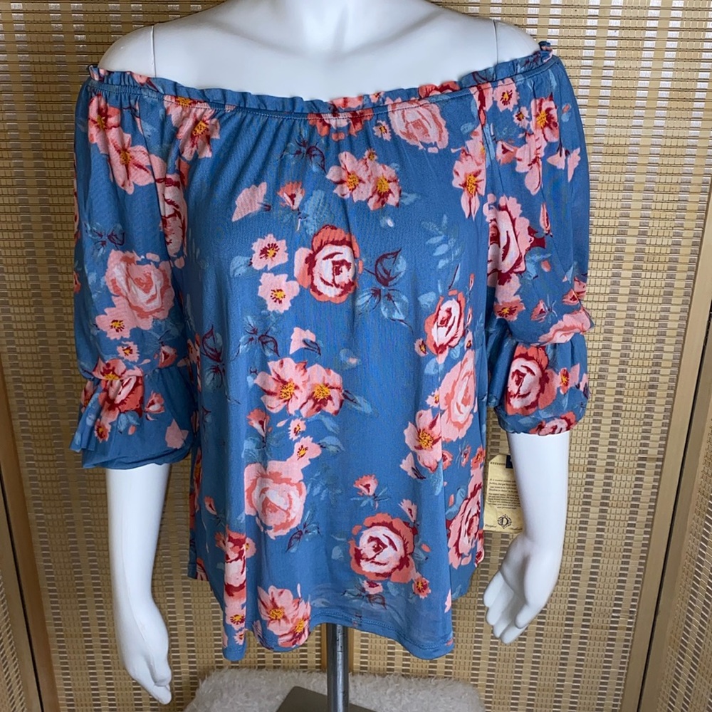 🔶Democracy 3/4 Pick-Up Sleeve Floral Blue Off The  Shoulder Mesh Stretch Top NWT